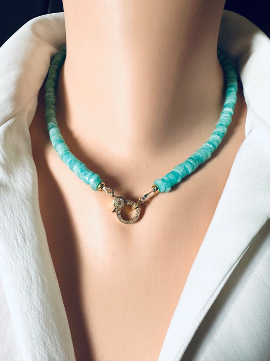 AMAZONITE beaded necklace on a mannequin with a white jacket