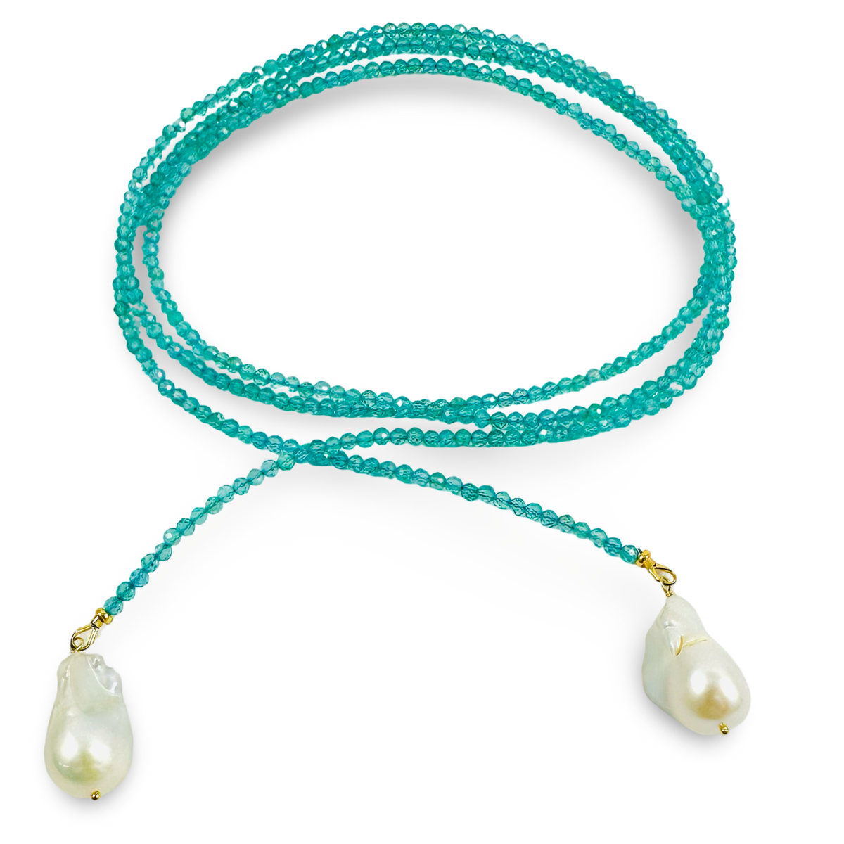 A 46" inch strand apatite beaded necklace with two large, irregular white baroque pearls suspended from gold-toned settings, displayed on a clean white background.
