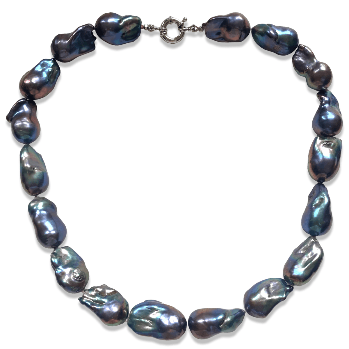 A baroque pearl necklace made of irregular, iridescent beads with a silver clasp, displayed on a plain white background.