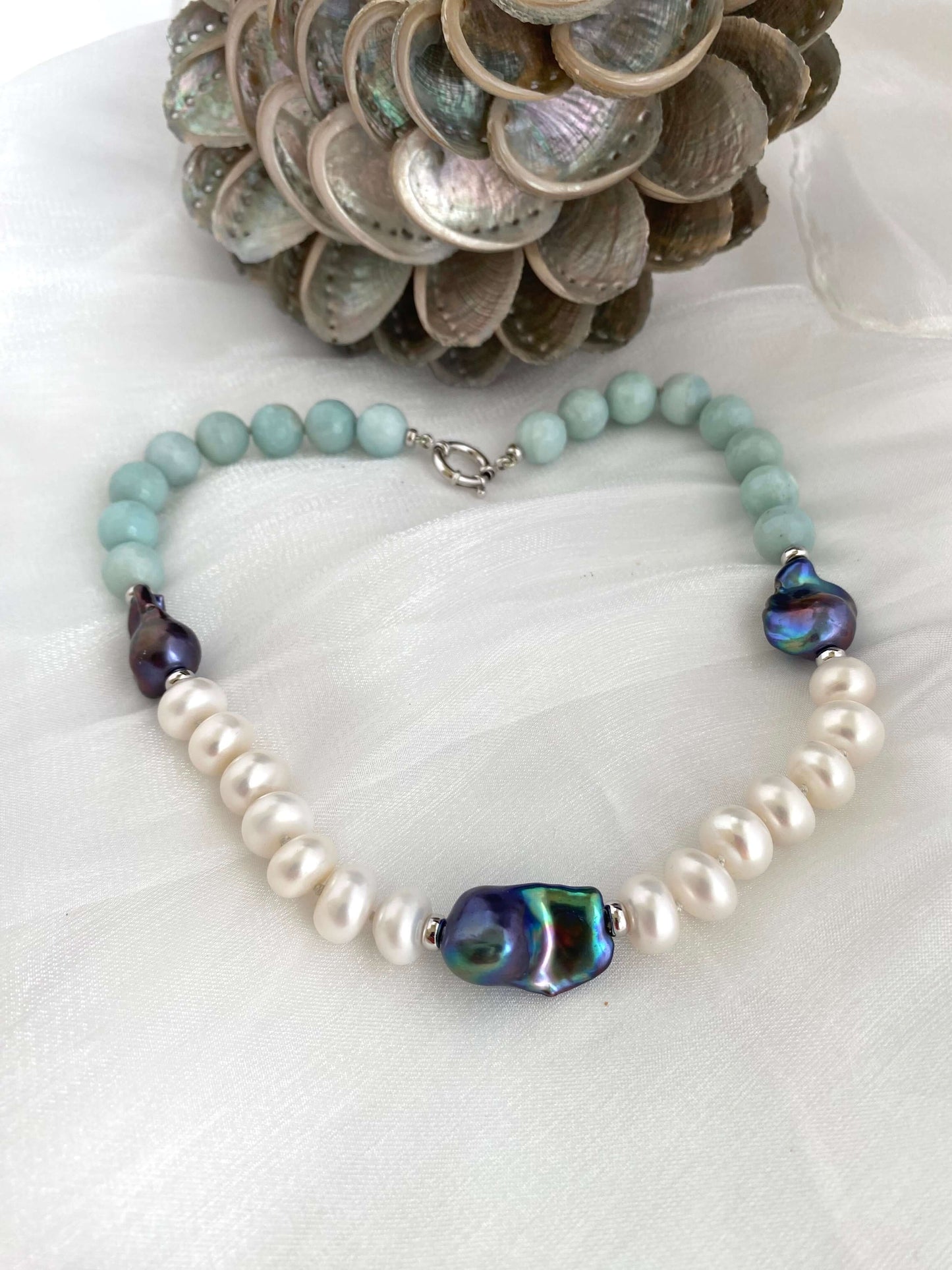 Amazonite pearl necklace featuring vibrant blue amazonite beads, baroque and coin pearls for a bold and elegant look.