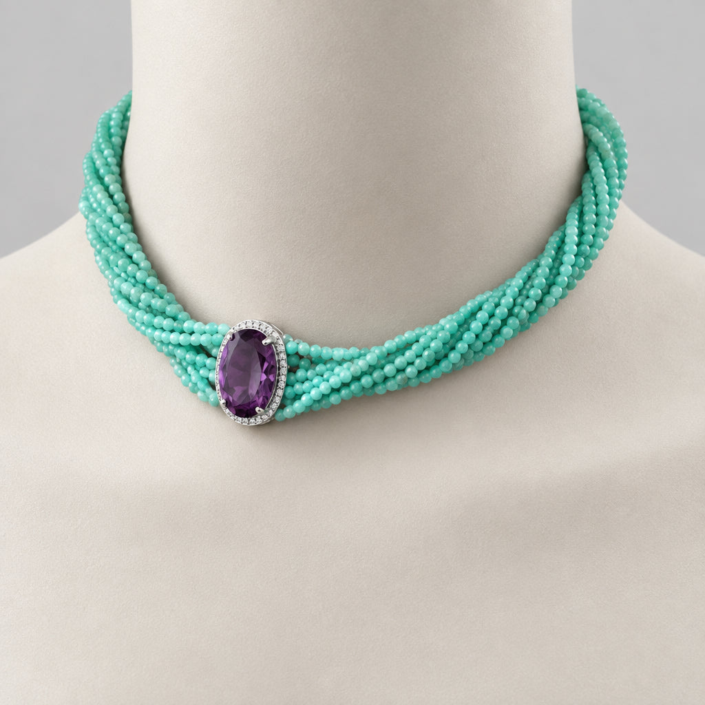 Amethyst Amazonite Choker Necklace – 8-Strand Twisted Gemstone Collar displayed on a mannequin model.