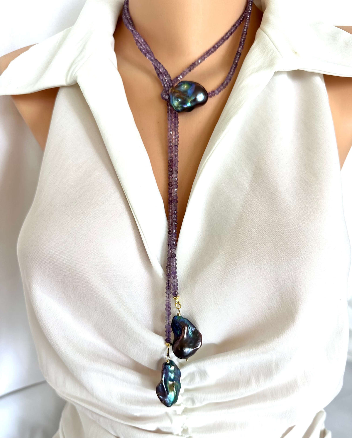 Amethyst and Black Baroque Pearl Lariat Necklace on mannequin — handcrafted gemstone and pearl jewelry by Loulia Pearl Jewelry