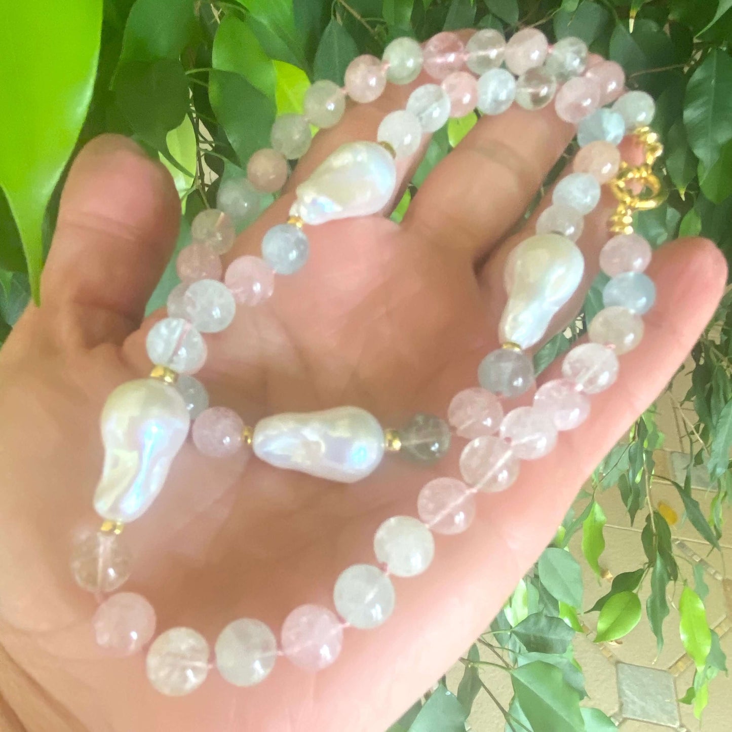 Morganite Aquamarine Pearl Necklace | Handcrafted Statement Design with pastel gemstones and luminous pearls.