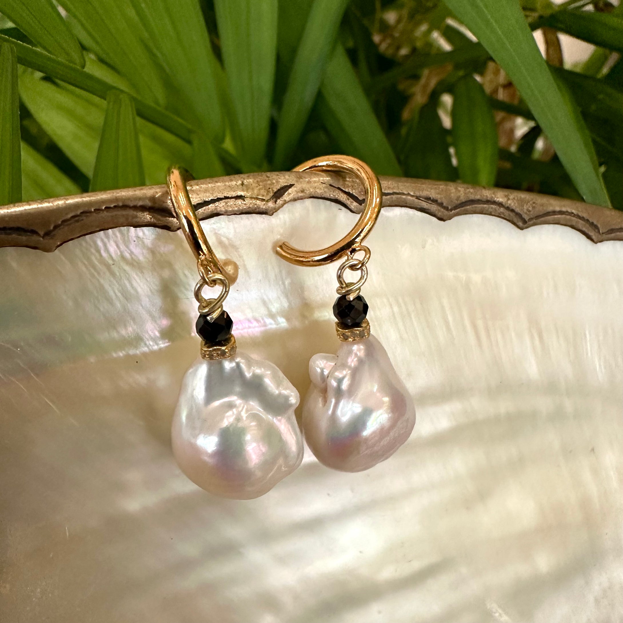 White Baroque Pearl Hoop Earrings, Black Spinel & Diamonds Pave