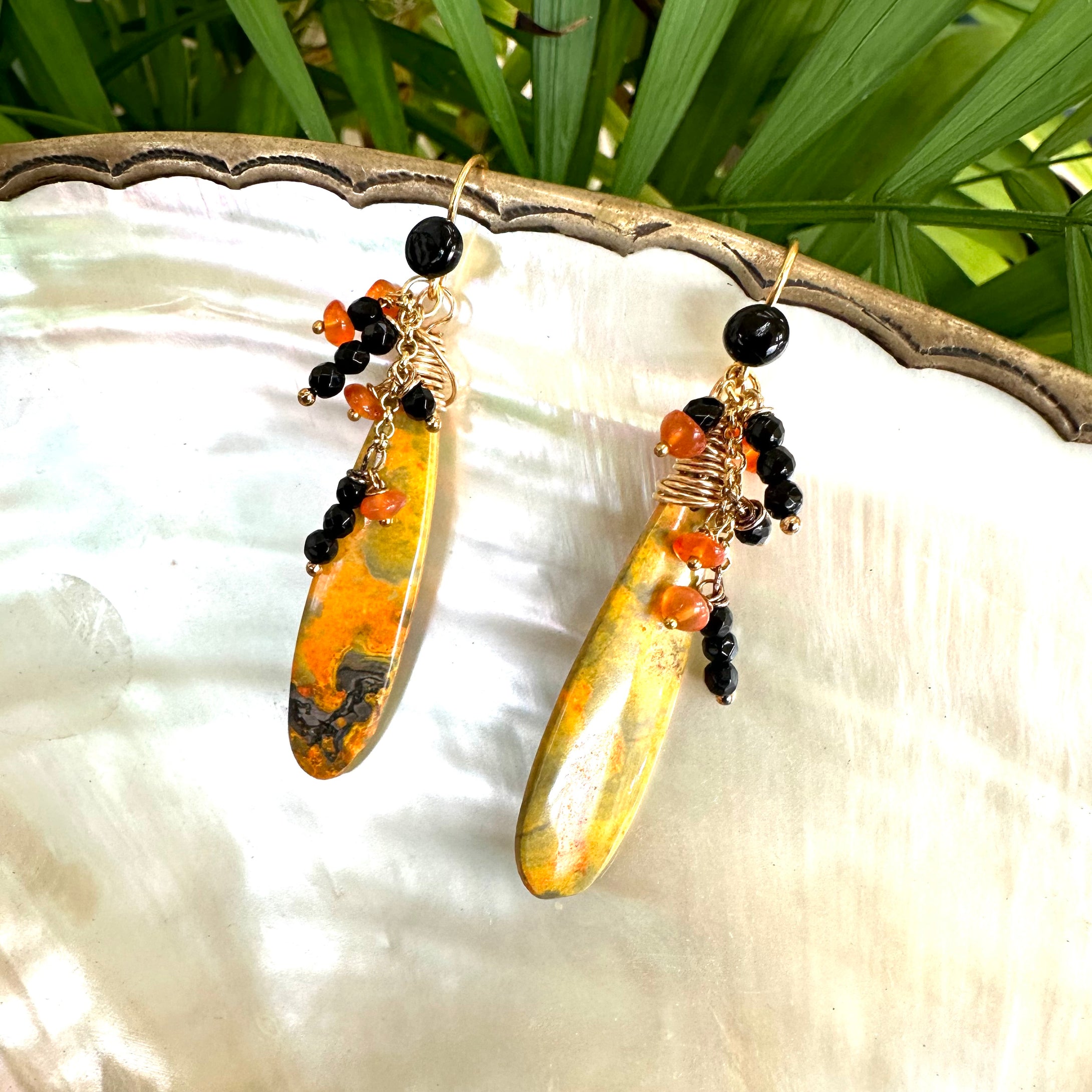 Bumble Bee Teardrop Stone, Carnelian & Onyx Cluster Earrings