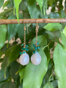 White Baroque Pearls Dangle Earrings, Women Green Onyx Earrings