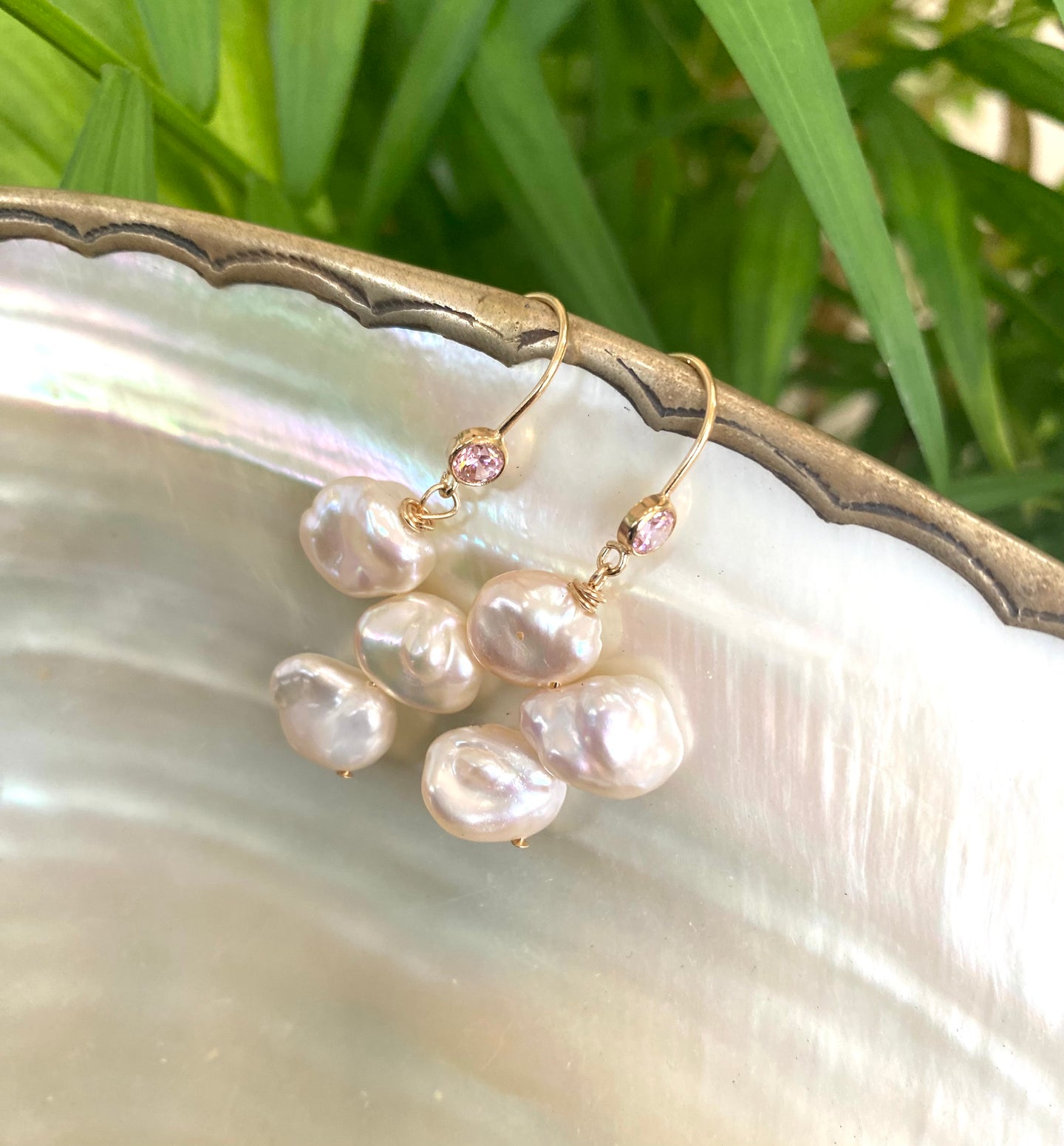 Keshi Pearl Drop Earrings, Gold Filled Hook Earrings with Pink Cubic Zirconia