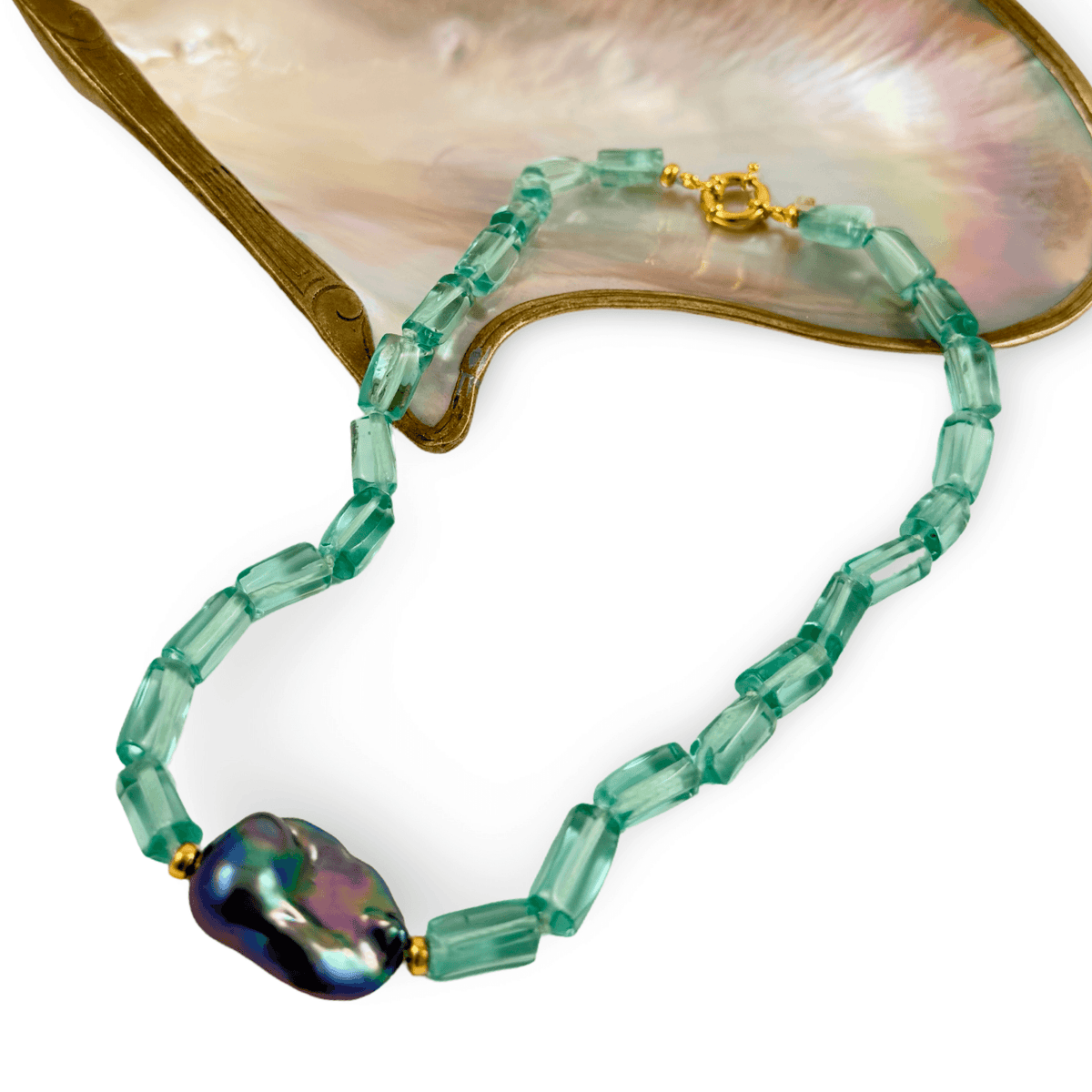 Black Baroque Pearl Necklace with Teal Angelite, Gold Vermeil, 16"
