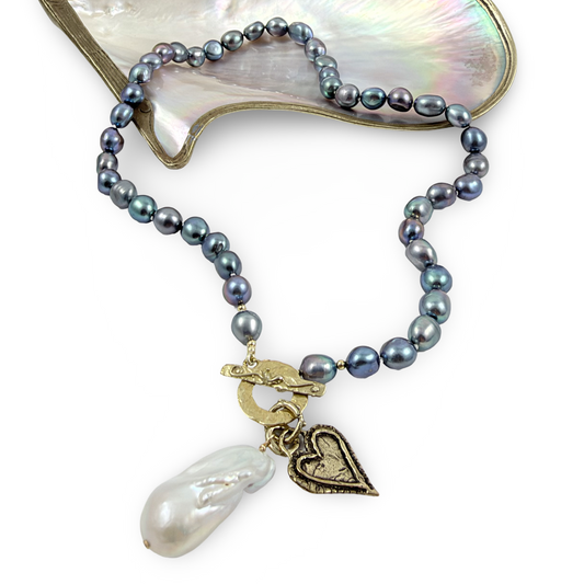 Black Pearl Baroque Pearl bronze toggle Necklace with heart charm