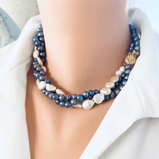 Black and White Pearl Necklace worn on mannequin displaying elegant twisted multi-strand design.
