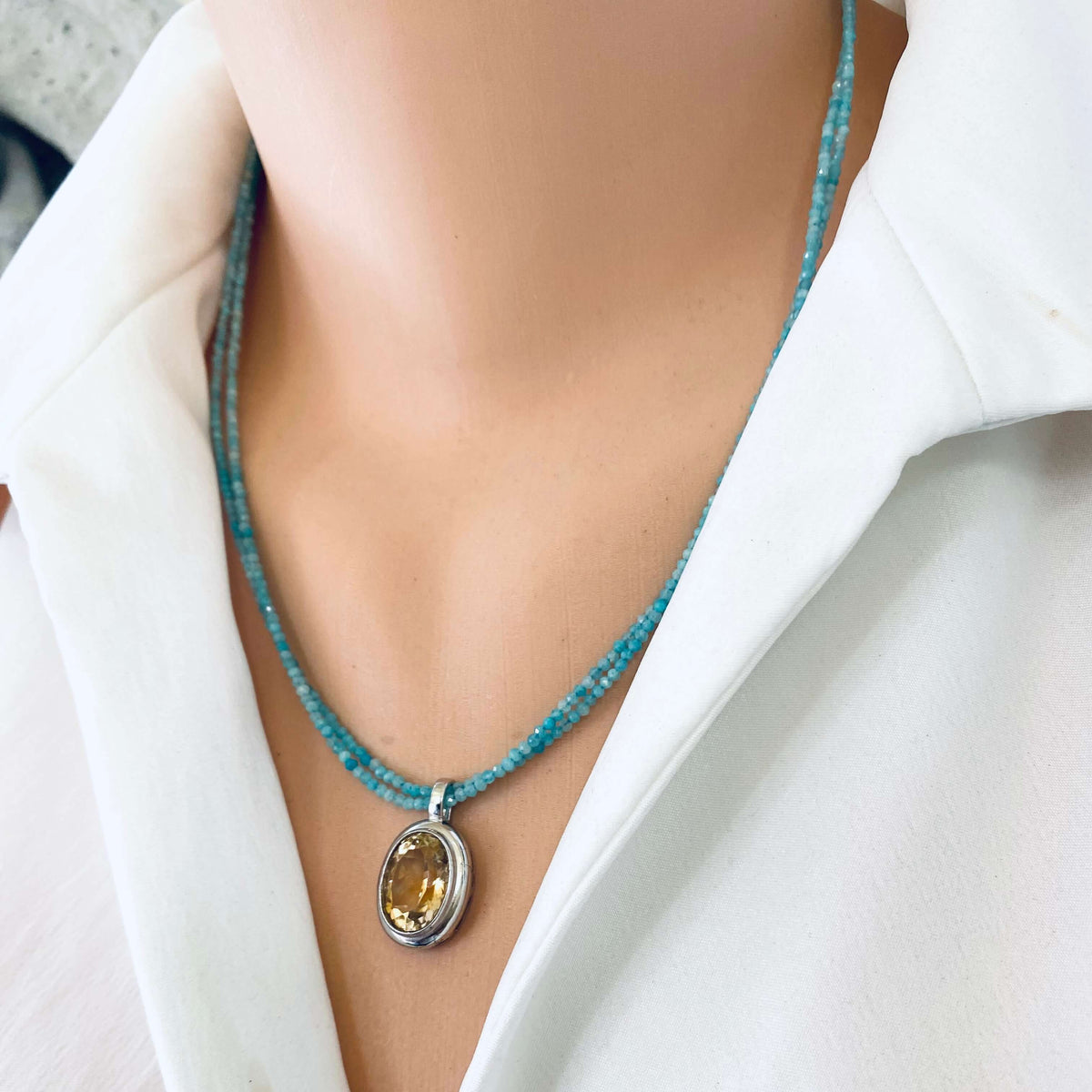 Blue Amazonite Citrine Pendant Necklace demonstrating the double strand design and luminous yellow citrine gemstone.