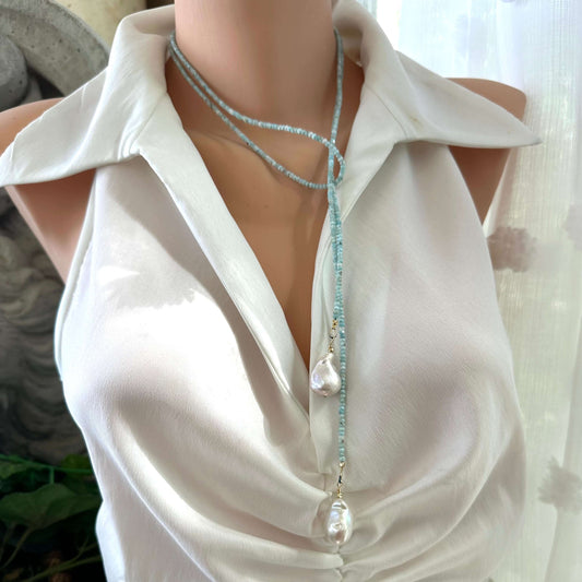 Blue Larimar Lariat Necklace on mannequin — handcrafted larimar and baroque pearl jewelry by Loulia Pearl Jewelry