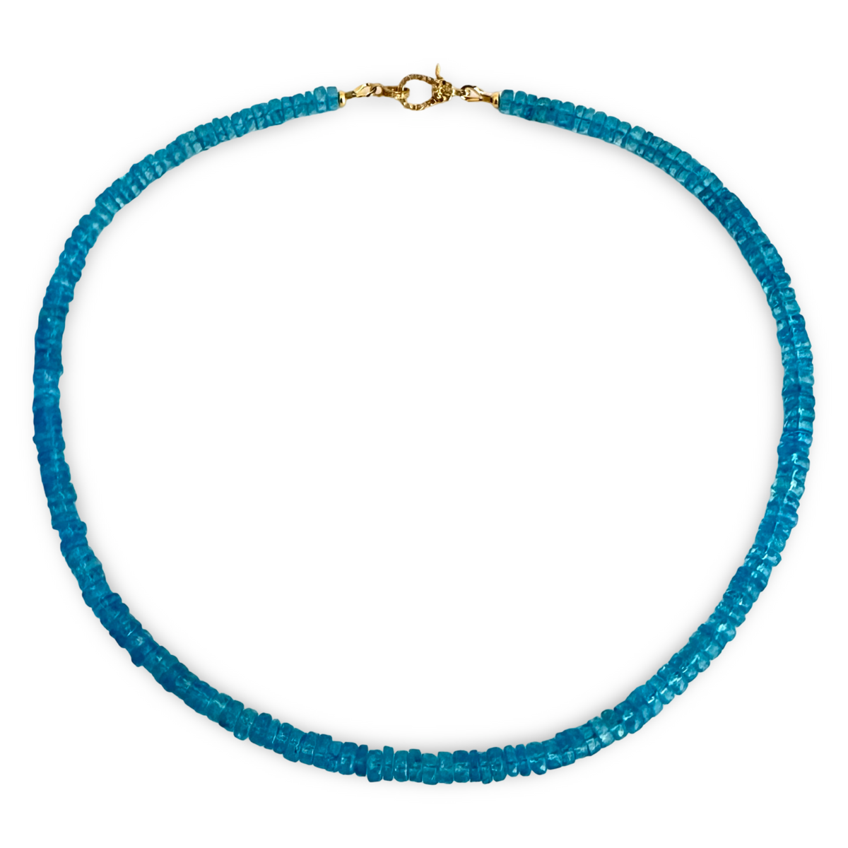 A beaded necklace made of small faceted blue-green gemstone beads with a gold clasp, shown on a plain white background.