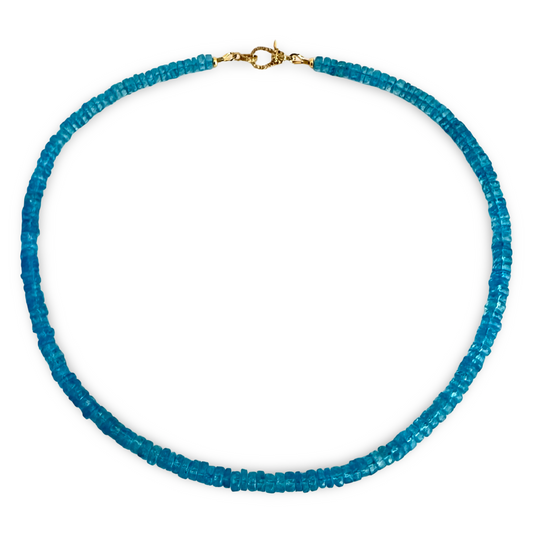 A beaded necklace made of small faceted blue-green gemstone beads with a gold clasp, shown on a plain white background.