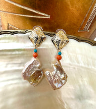 Load image into Gallery viewer, Chunky Baroque Pearls Gold Earrings with Turquoise &amp; Coral
