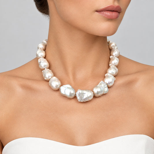 Baroque Pearl Chunky Necklace featuring large white freshwater baroque pearls, handcrafted statement jewelry.