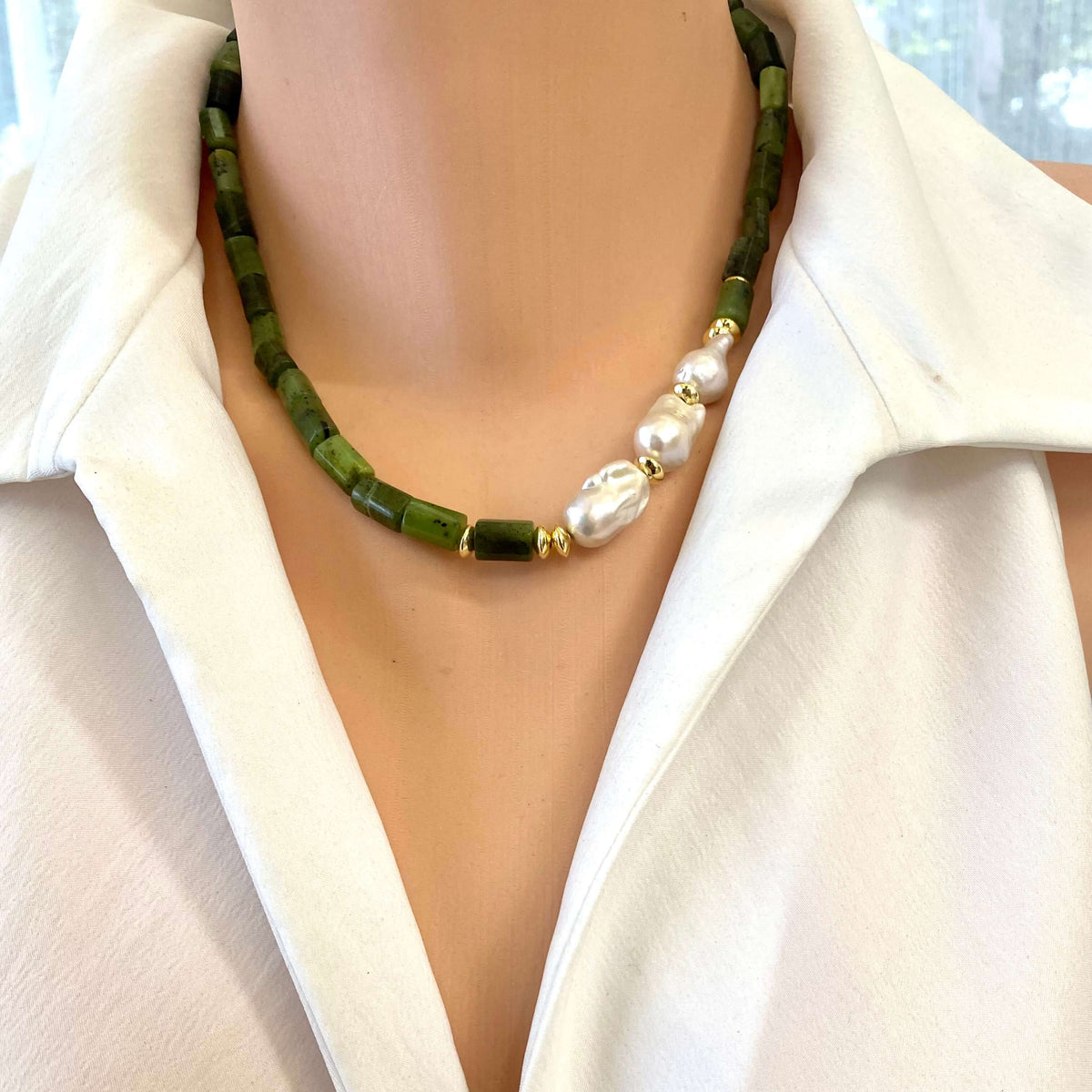Canadian jade pearl necklace styled as an elegant green gemstone statement
