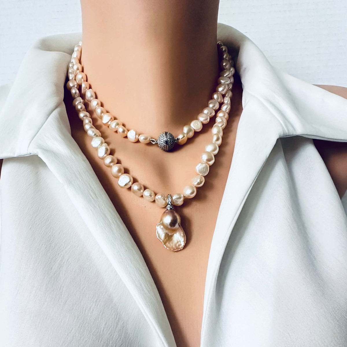 Convertible golden Peach & Ivory nugget  Pearl Necklace with Statement baroque pearl Pendant