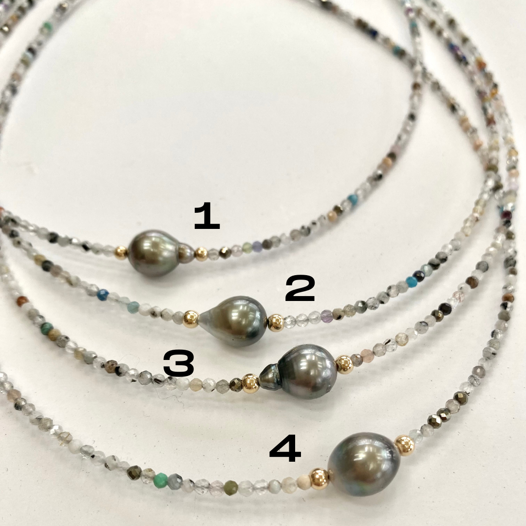 Natural Mix Stones Gemstone Multi Color Beaded Necklace with Tahitian Pearl, Gold Filled Details, 16.5