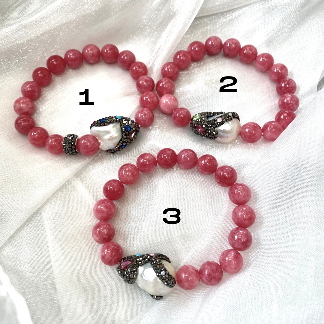 Colorful Jade Bracelet & Sparkly Rhinestones Pave Baroque Pearl