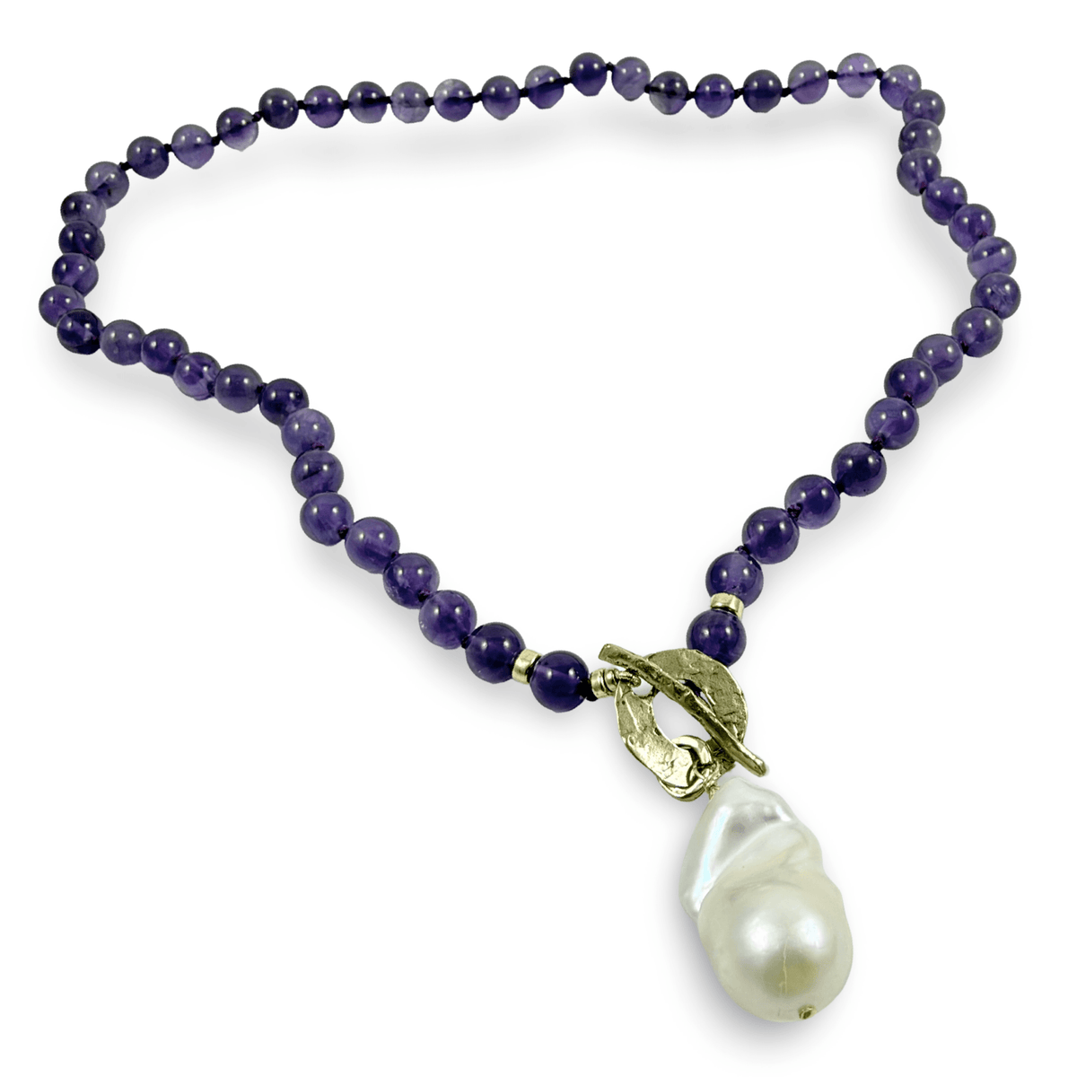 Collier à bascule en améthyste avec pendentif en perle baroque, finitions artisanales en bronze doré et plaqué or, 45,7 cm, pierre de naissance de février