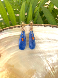 Teardrop Blue Onyx and Carnelian Earrings, Gold Filled, Artisan OOAK Jewelry