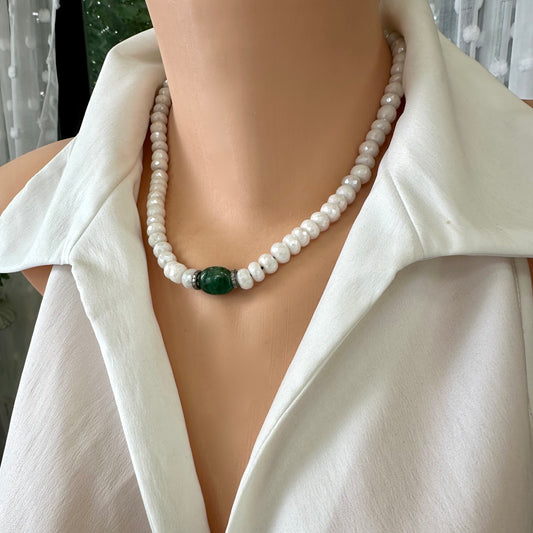 Emerald diamond choker necklace worn at the collarbone with white silverite and emerald accent