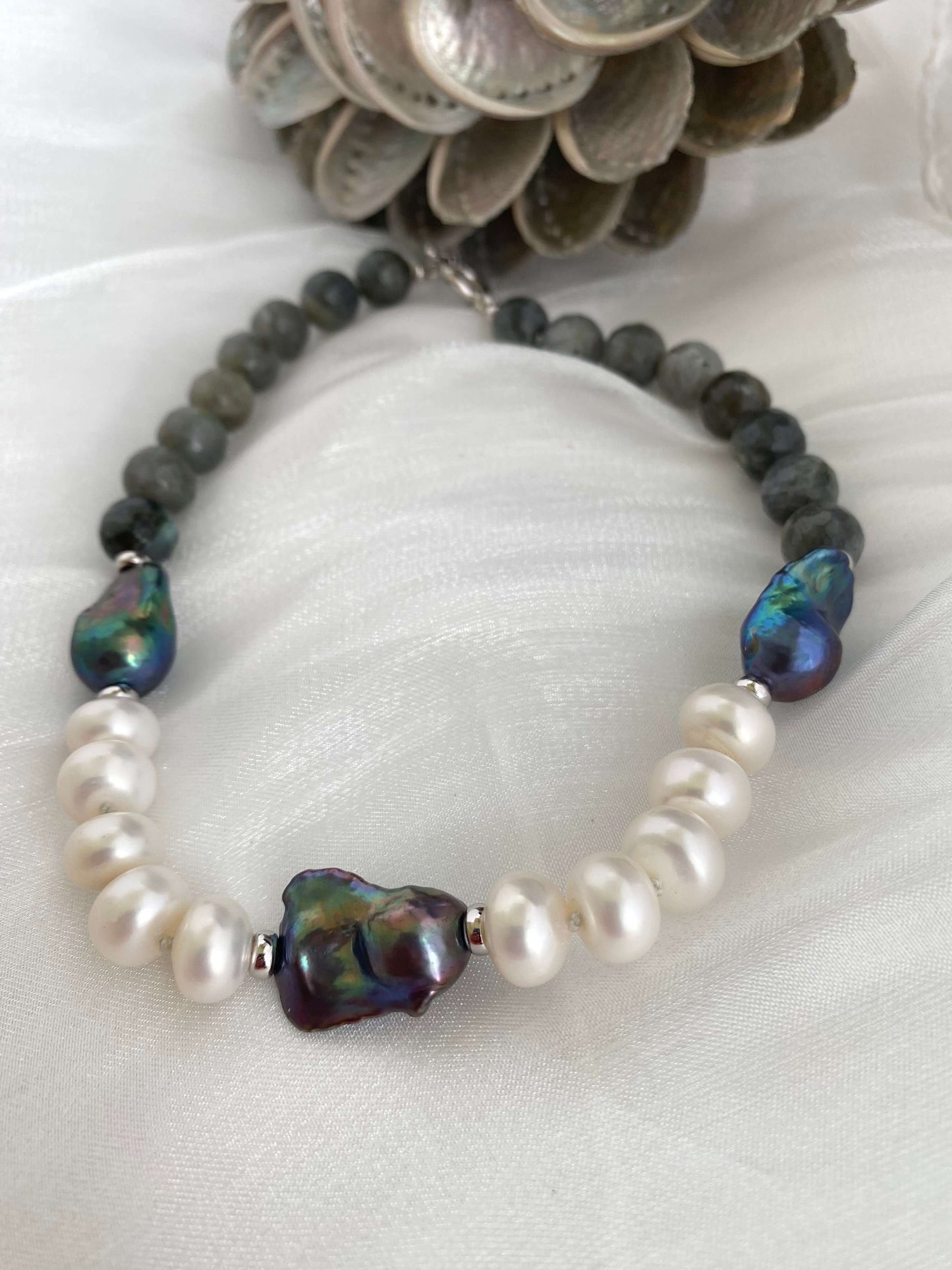 Labradorite pearl necklace featuring baroque and coin pearls with luminous gemstone depth.
