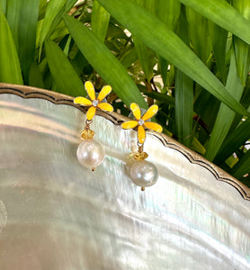 Edison White Pearls and Citrine Drop Earrings, Yellow Enamel & Gold Plated Flower Studs