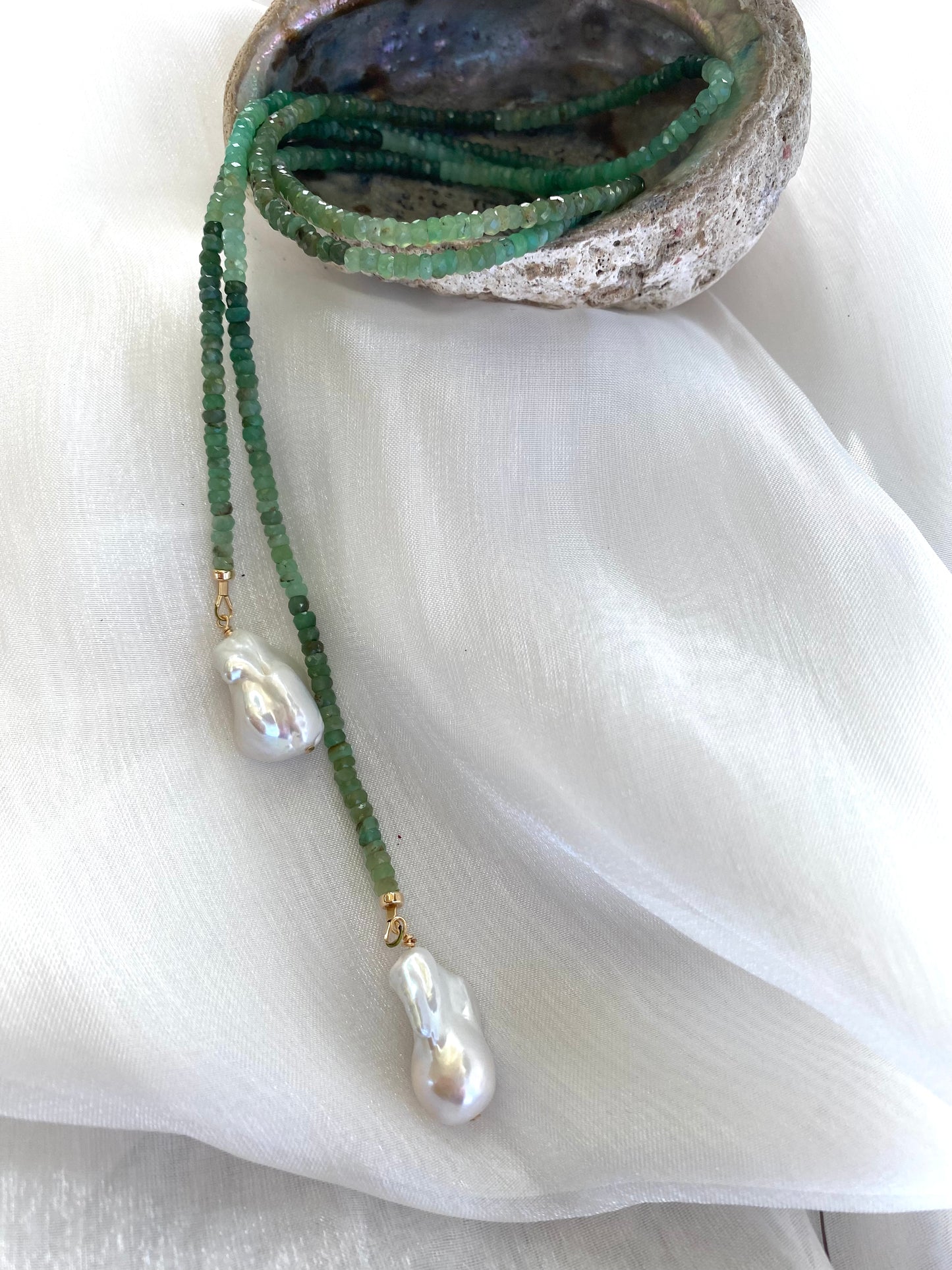 Chrysoprase lariat necklace featuring freshwater baroque pearl drops