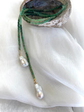 Cargar imagen en el visor de la galería, Single strand lariat wrap necklace featuring shaded green chrysoprase rondelle beads and two baroque pearls. The necklace is 42 inches long with gold-plated silver details, offering a versatile and elegant design for women.
