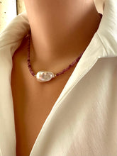 Load image into Gallery viewer, pink tourmaline baroque pearl necklace close up on mannequin side view
