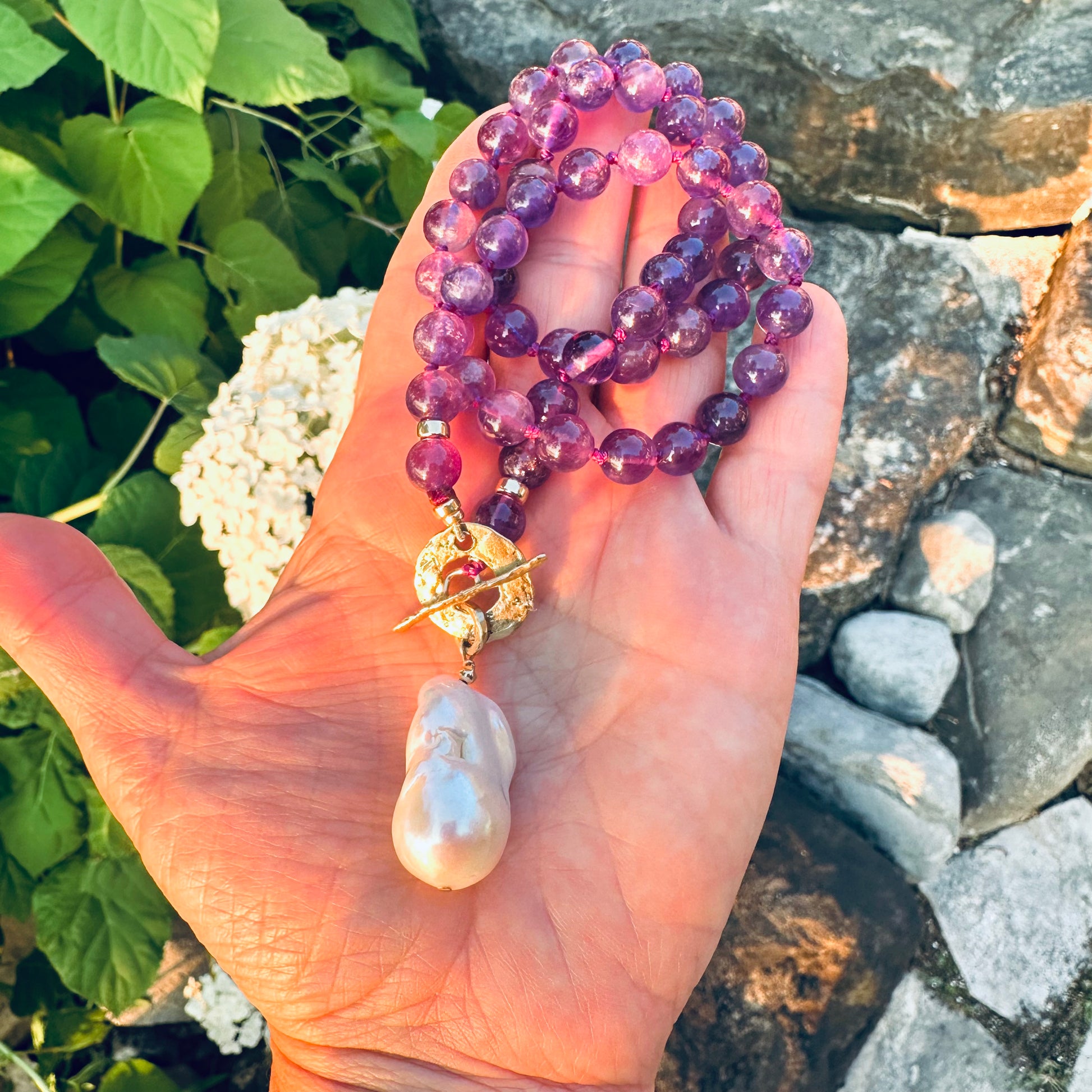 Amethyst toggle necklace with large baroque pearl pendant and gold bronze details, handmade in Canada