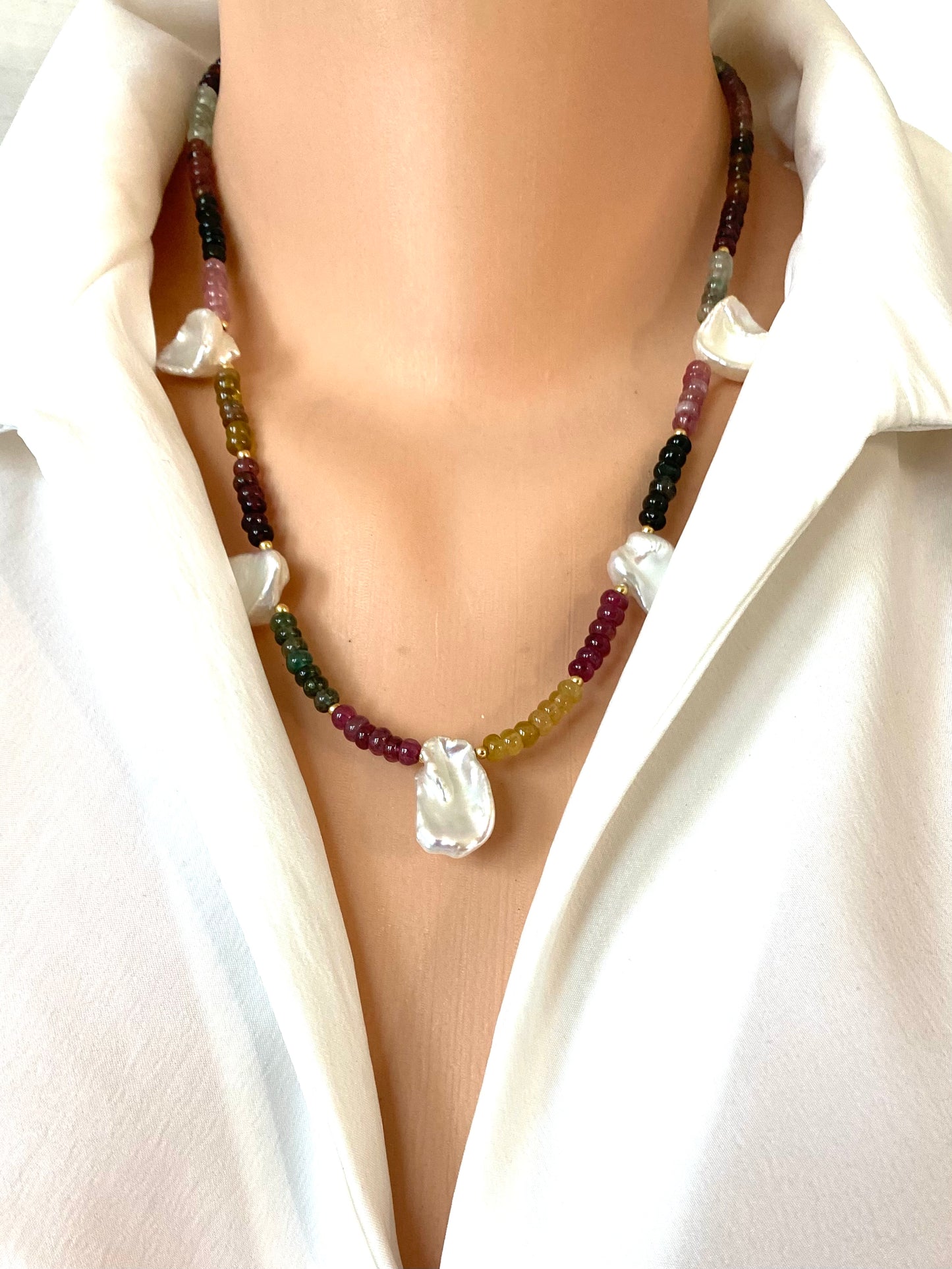 Multi Tourmaline and Keshi Pearl Necklace | Handcrafted Elegance