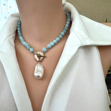 Cargar imagen en el visor de la galería, Aquamarine Necklace w Freshwater Baroque Pearl, Gold Bronze &amp; Gold Filled, 20.5&quot;in
