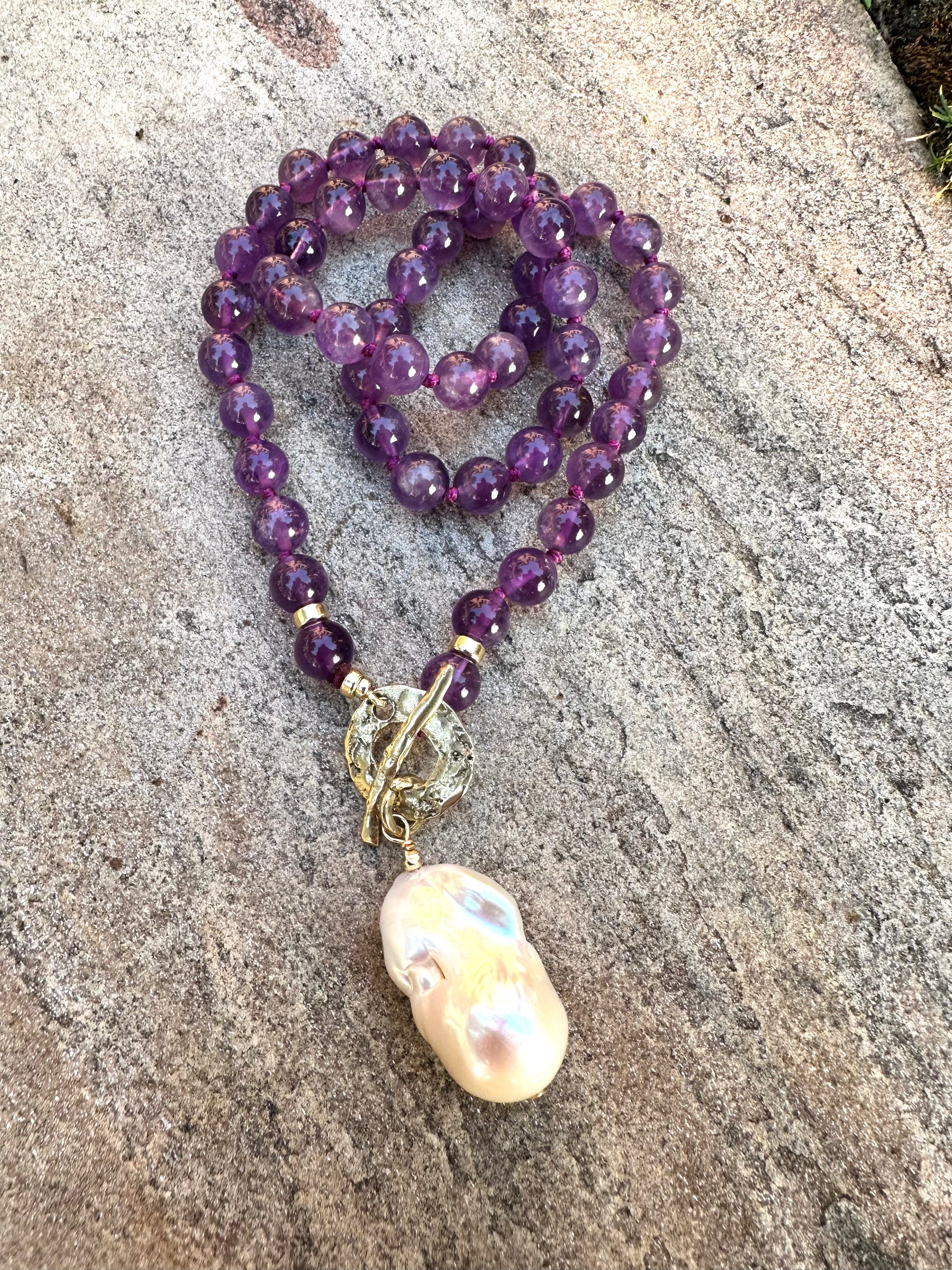 Amethyst toggle necklace with white baroque pearl pendant and gold filled clasp
