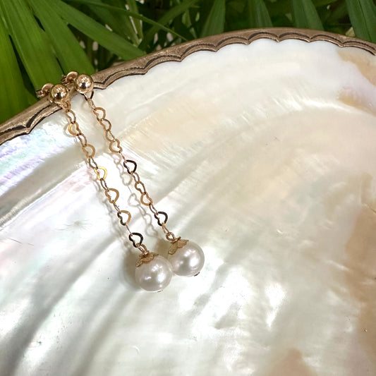 Pearl heart drop earrings with freshwater pearls and gold filled heart chain handmade in Canada