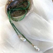 Load image into Gallery viewer, Single strand lariat wrap necklace featuring shaded green chrysoprase rondelle beads and two baroque pearls. The necklace is 42 inches long with gold-plated silver details, offering a versatile and elegant design for women.
