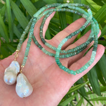 Load image into Gallery viewer, Single strand lariat wrap necklace featuring shaded green chrysoprase rondelle beads and two baroque pearls. The necklace is 42 inches long with gold-plated silver details, offering a versatile and elegant design for women.
