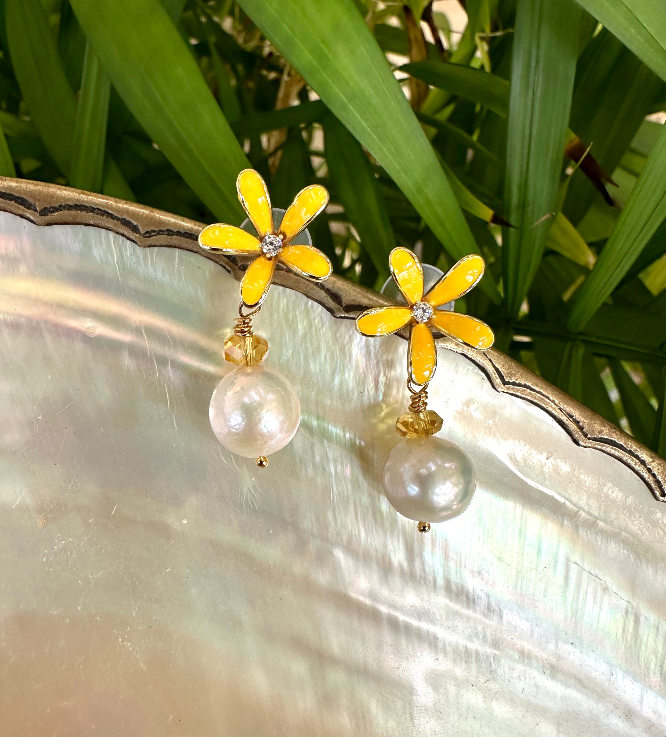 Edison White Pearls & Citrine Earrings, Yellow Enamel Flower