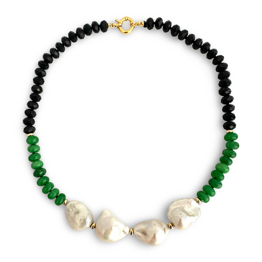 vivid green jade and deep black tourmaline beads in a bold, sophisticated composition with Four luminous white baroque pearls 