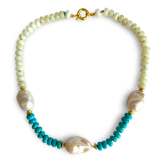 hand knotted Green Jade and Turquoise with baroque Pearl Necklace 