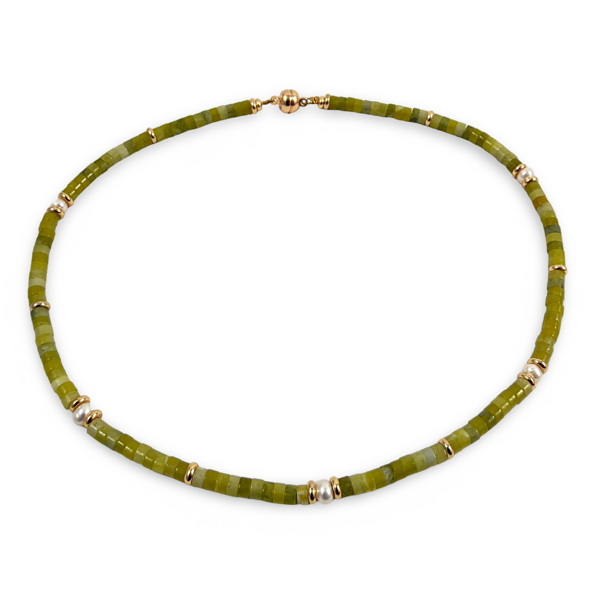 A beaded necklace featuring olive green stone beads separated by small gold spacer beads, displayed on a clean white background.