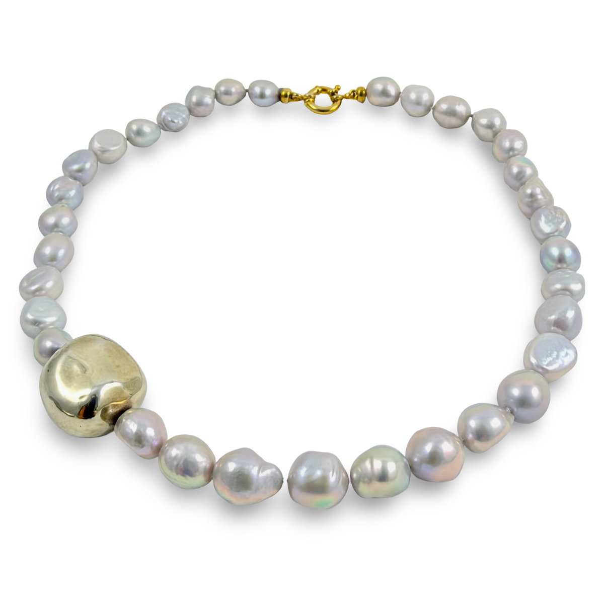 Grey Pearl Necklace with Gold Marine Clasp and gold vermeil accent on the side