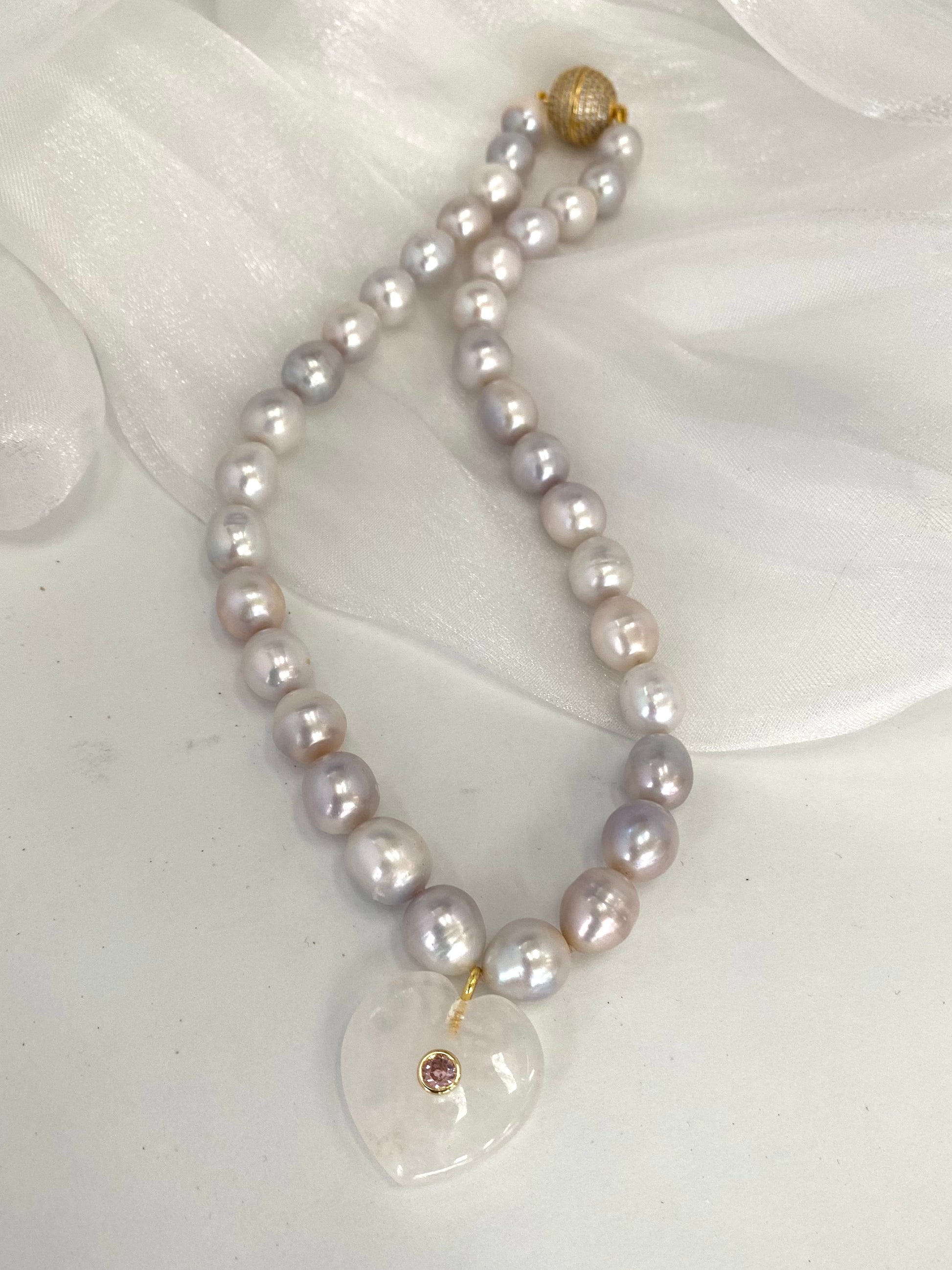 Grey pearl necklace with heart pendant and magnetic clasp Cz pave
