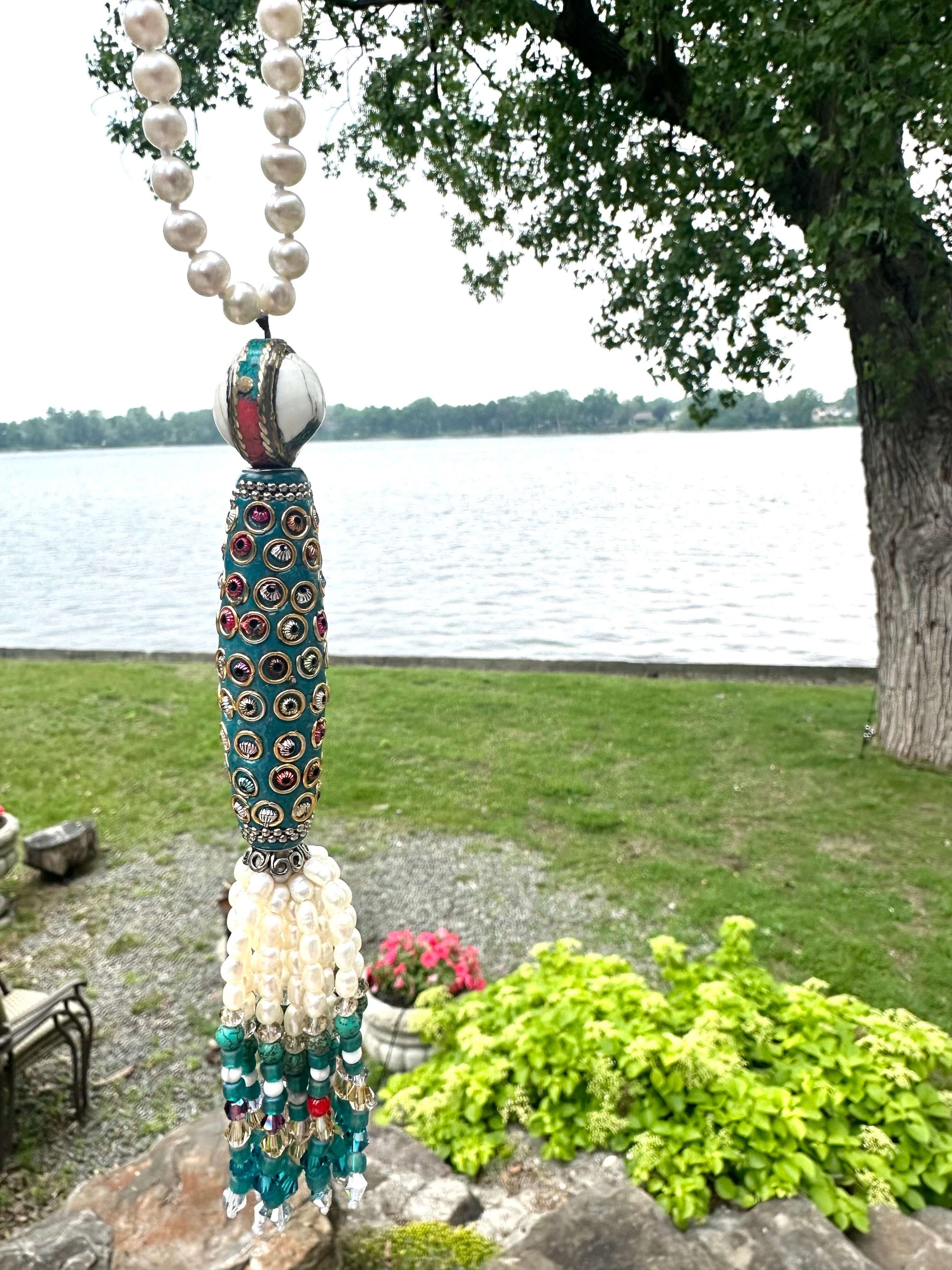 Bohemian Pearl Tassel Necklace with freshwater pearls and turquoise beads by the water