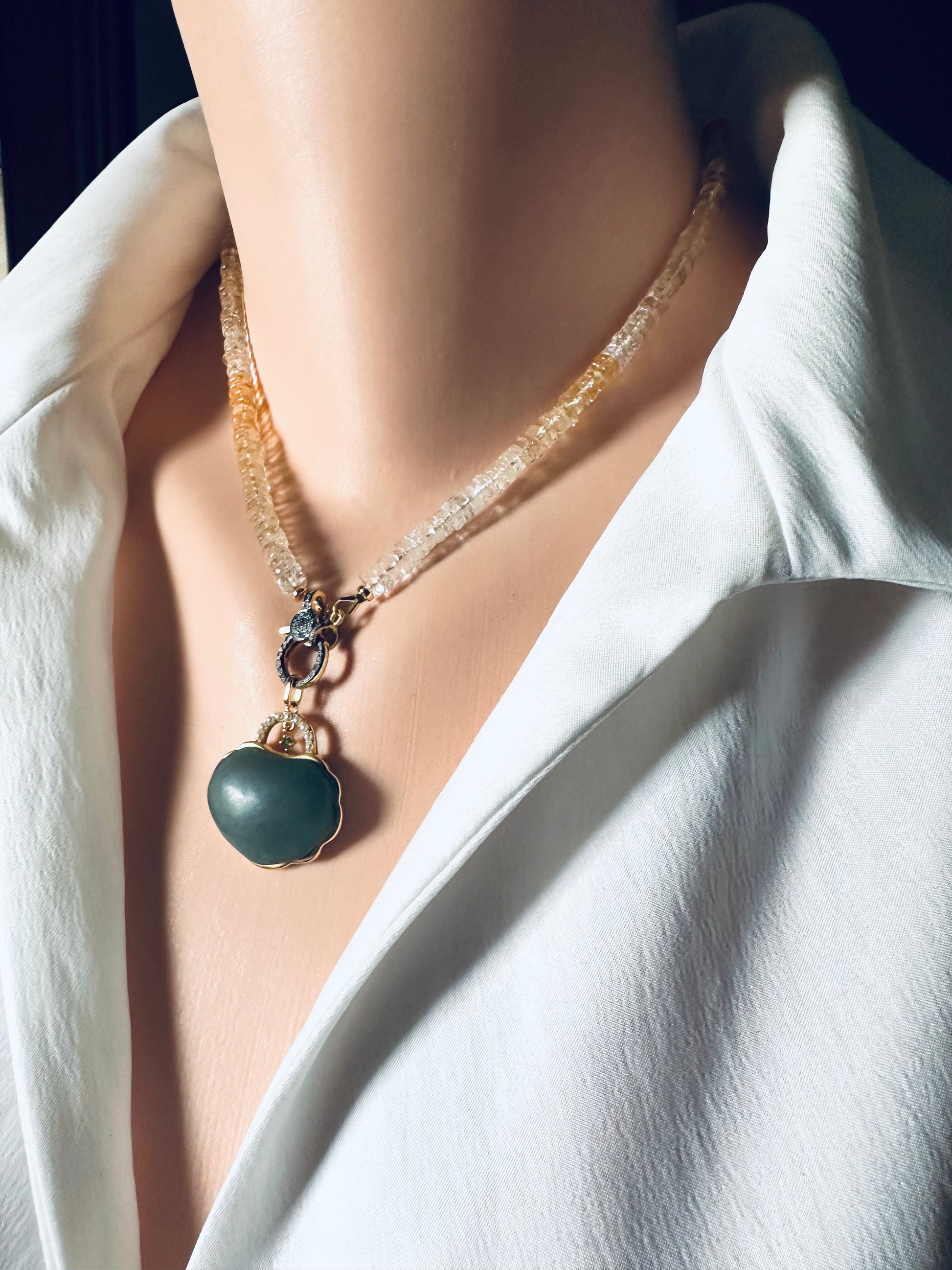 Hotan Jade Purse Pendant Paired with Citrine Necklace