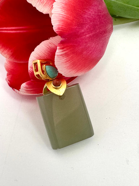 Hotan jade rectangular pendant with turquoise and red agate accents in gold vermeil