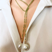 Load image into Gallery viewer, Single Strand of Green Peridot and two Large Baroque Pearls Beaded Lariat Necklace, August Birthstone, 42&quot;inches
