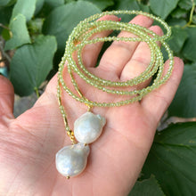 Load image into Gallery viewer, Single Strand of Green Peridot and two Large Baroque Pearls Beaded Lariat Necklace, August Birthstone, 42&quot;inches
